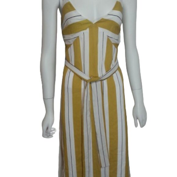 Dee Elly Nordstrom Mustard Yellow White Striped Belted MIDI Dress Size M - Picture 7 of 8